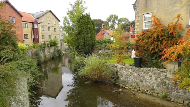 A serene view of a canal lined with stone walls, colorful buildings, and lush greenery in Pickering, Yorkshire.