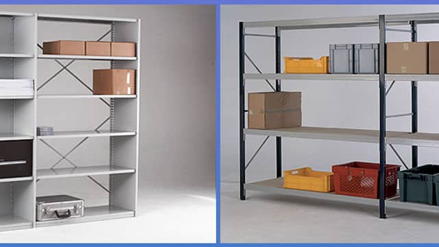Two shelving units displaying various storage boxes, crates, and organizational items in a clean, minimalist setting.