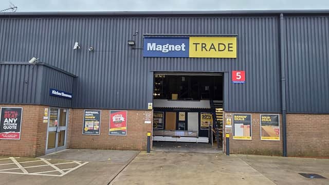 Magnet Trade furniture shop exterior in York, featuring large signage and entrance with promotional banners.