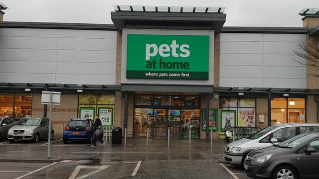 Storefront of Pets at Home with large green sign, glass entrance, and parking lot filled with cars on a rainy day.