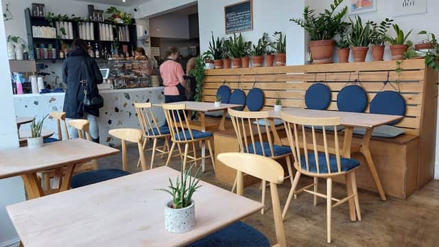 Cozy café interior with wooden tables, blue cushions, plants, and a counter displaying baked goods.