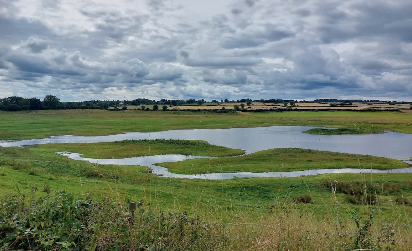 Lush green landscape with a winding waterway, under a cloudy sky, showcasing the natural beauty of Nosterfield Nature Reserve.