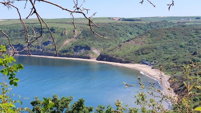 Scenic view of Runswick Bay with cliffs, beach, and calm waters under a clear blue sky.
