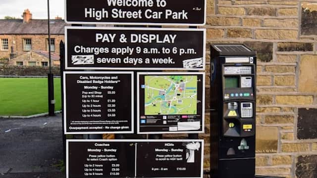 Welcome sign for High Street Car Park with payment instructions, map, and parking regulations displayed.