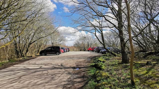 Parking area lined with trees, featuring several cars under a blue sky with scattered clouds.