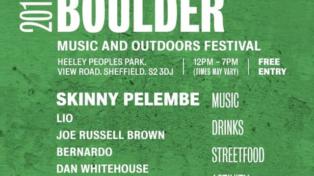 Event poster for Big Boulder Festival at Heeley People's Park, featuring music acts and food vendors with event details.