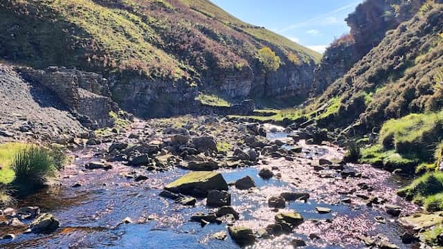Sunlight glimmers on Gunnerside Beck, surrounded by lush green hills and rocky riverbanks in a serene landscape.