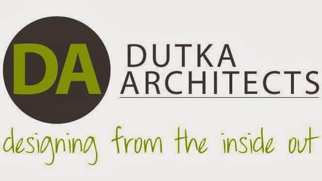 Logo featuring "Dutka Architects" with green and black colors, tagline "designing from the inside out."