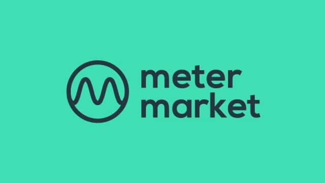Logo for Meter Market with a green background, featuring a stylized wave symbol and bold text.