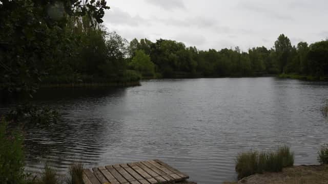Serene lake surrounded by greenery, with a wooden platform extending into the water at Walton Colliery Nature Reserve.