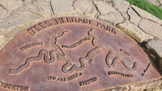 Map engraving of Tees Heritage Park highlighting local areas and the River Tees, set on a stone surface.