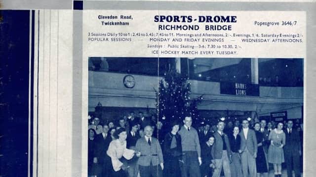 Cover of "The Skating Times" magazine from January 1936, featuring a group of people in a sports venue.