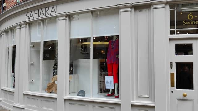 Sahara Boutique storefront featuring stylish clothing displays and a welcoming entrance in York, Yorkshire.