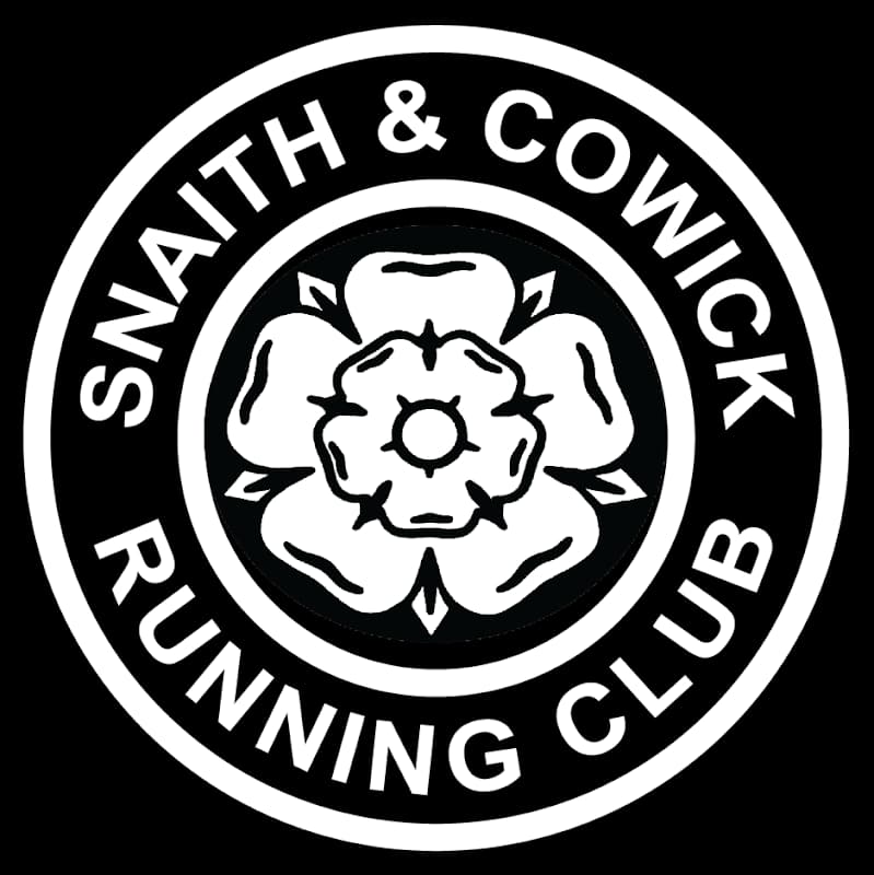 Black circular logo featuring a white rose and the text "Snaith & Cowick Running Club".