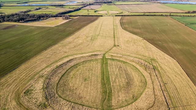 Aerial view of Thornborough Henges, featuring circular earthworks surrounded by green fields and distant hills.