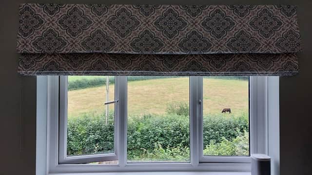 Stylish patterned window valance above a view of green fields and a grazing horse outside.