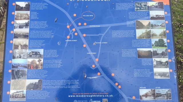 Map of Mosborough highlighting historical sites and streets, with images and descriptions of local history.
