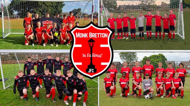 Youth football team in red jerseys poses on the field, featuring group photos and a club logo in the center.