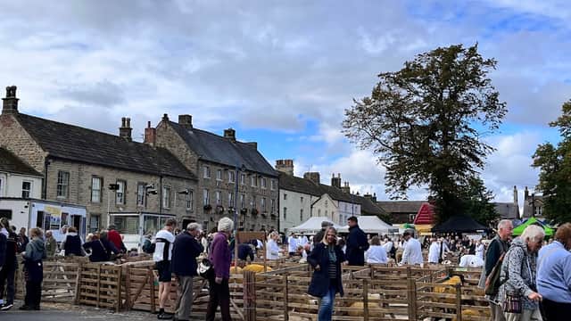 Busy marketplace in Warthermarske, Yorkshire, with vendors, livestock pens, and people interacting under a cloudy sky.