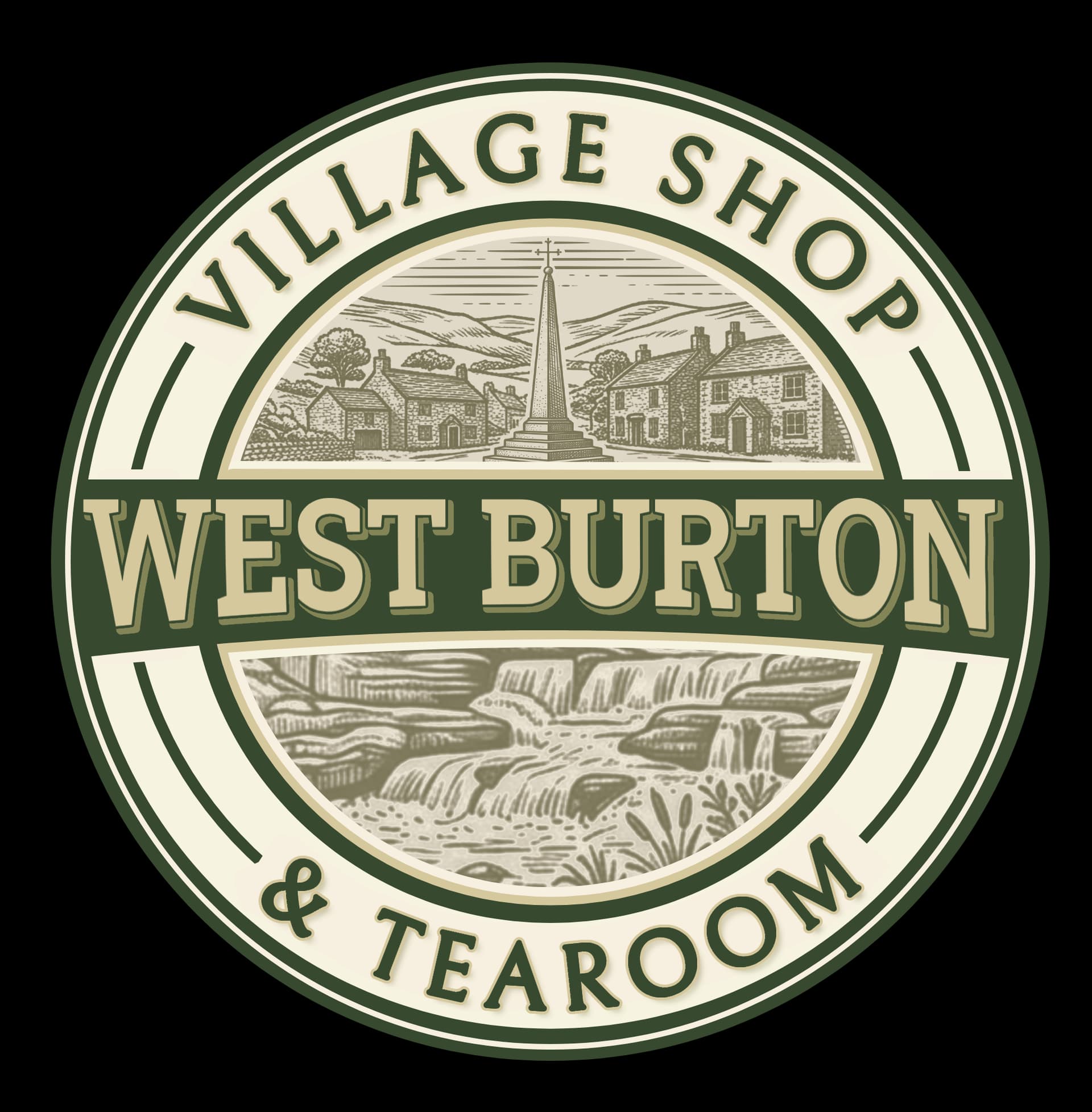 West Burton Village Shop and Tea Room with a bus stop, wooden bench, and parked car outside a stone building.