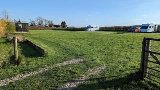 Green campsite with parked caravans and a clear blue sky, bordered by hedges and a gravel path.