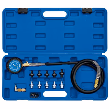Draper 35879 Oil Pressure Test Kit in a blue plastic case, featuring a pressure gauge, flexible hose, and 11 metal adapters for various applications.