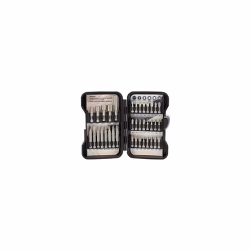 36-piece insert bit set in a black plastic case, featuring various metal bits organized in two compartments with labeled slots for easy identification.