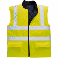 Yellow Portwest hi-vis reversible bodywarmer, XL, with reflective stripes, quilted black interior, and front pockets.