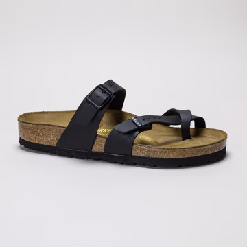 Black Birkenstock Mayari sandals featuring a Birko-Flor upper, two adjustable straps, a cork footbed, and a textured rubber sole, size 3.5.