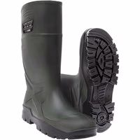 Green Portwest PU Safety Wellington Boots with textured soles and reinforced toe, UK size 10.