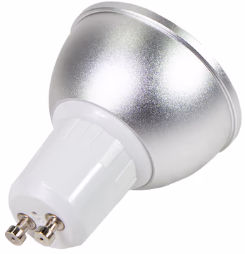 Silver GU10 smart light bulb with a sleek metallic finish and a white base, featuring two metal pins for installation and compatibility with Tuya smart home systems.