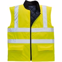 Yellow Portwest hi-vis reversible bodywarmer with reflective stripes and quilted black lining, size L.
