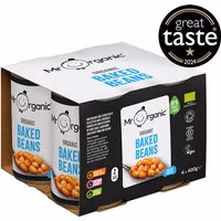 Mr Organic Baked Beans pack, 4 x 400g cans with white labels, black text, and Great Taste award badge.
