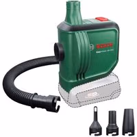 Green Bosch EasyInflate 18V-500 cordless air pump with black hose and three nozzle attachments.