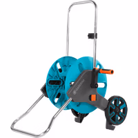 Turquoise Gardena CleverRoll M hose trolley with metal frame, orange handle, and black wheels.