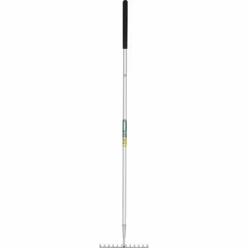 Stainless steel garden rake with a long silver handle, black soft grip, and multiple sturdy tines at the end, designed for easy soil cultivation and garden maintenance.