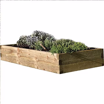 Rectangular raised bed made of natural wood, measuring 6'x3' (1.8x0.9m), filled with various green plants and herbs, showcasing a sturdy, rustic design.