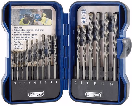 15-piece masonry drill bit set in a blue plastic case, featuring tungsten carbide tips, with bits ranging from sizes 3 to 10, and a rubber surround for secure storage.