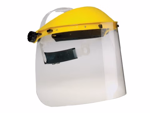 Standard face shield with a clear plastic visor and a bright yellow top, featuring an adjustable headband for a secure fit.
