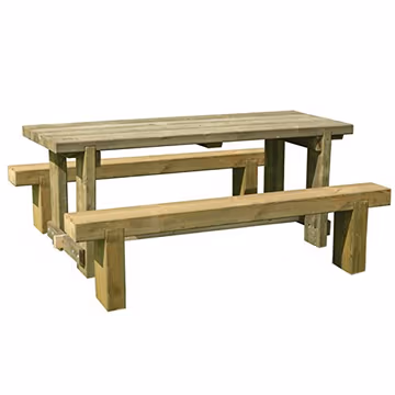 Wooden garden table set featuring a rectangular table and two matching benches, all in a natural wood finish, measuring 6'x2' (1.8x0.7m), ideal for outdoor use.