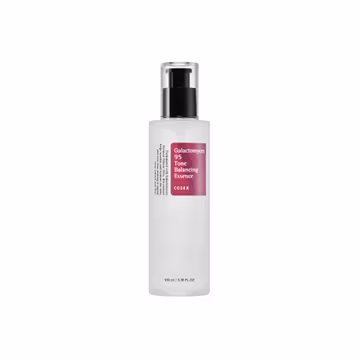 Clear glass bottle with a pump dispenser, labeled "Galactomyces 95 Tone Balancing Essence" in pink and white text, containing 3.38 fl oz (100 ml) of product.