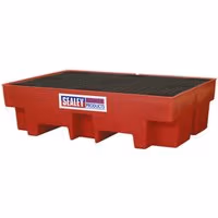 Red Sealey DRP12 Barrel Bund with black grid top, rectangular polyethylene structure, and Sealey logo on the side.