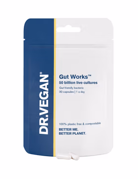 Blue and white packaging for "Gut Works" by DR VEGAN, featuring 50 billion live cultures, with 30 capsules inside, labeled as plastic-free and compostable.