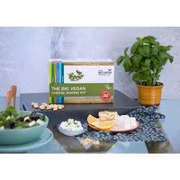 The Big Vegan Cheese Making Kit box with herbs, cheese samples, and a potted basil plant on a table.