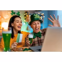 St Patrick's Virtual Murder Mystery Game with festive green hats, shamrock headbands, and themed drinks.