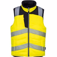 Yellow and black reversible hi-vis bodywarmer, reflective stripes, zip closure, sleeveless, size XL.