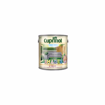 Cuprinol Garden Shades Silver Birch paint in a 2.5-litre tin, featuring a light grey color, labeled for outdoor use on wooden surfaces, with a 6-year weatherproof guarantee.