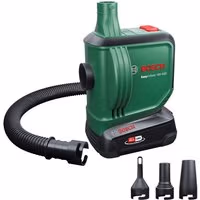Green Bosch EasyInflate cordless air pump 18V-500 with black hose, red button, and three nozzle attachments.