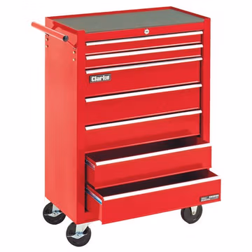 Red steel tool cabinet on wheels with seven drawers, a textured top surface, and a central locking mechanism for secure storage.