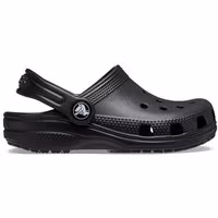 Black Crocs toddler clog with heel strap, ventilation holes, and textured sole, size Infant 9.